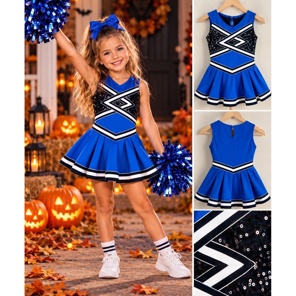 Royal Blue Sequin Cheerleading Uniform Dress with Built-in Bodysuit New Kidcore